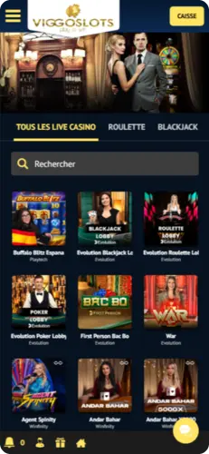 Interface mobile de Viggoslots affichant la sélection des jeux de casino en direct, avec accès rapide aux catégories roulette et blackjack.