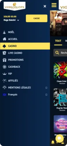 Menu latéral de Viggoslots sur mobile montrant la navigation vers le casino, les promotions, le cashback et l’espace VIP.