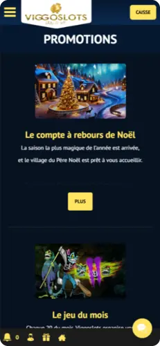 Écran promotions Viggoslots présentant les offres en cours, dont le compte à rebours de Noël et les bonus événementiels.
