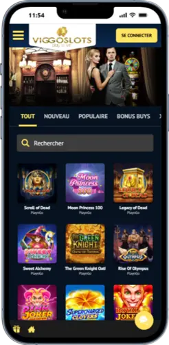 Page d’accueil Viggoslot sur mobile présentant le bonus de bienvenue et l’accès aux principales sections du casino.