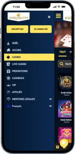 Interface du menu latéral Viggoslots montrant l’accès au formulaire d’inscription depuis la navigation principale du site sur mobile.