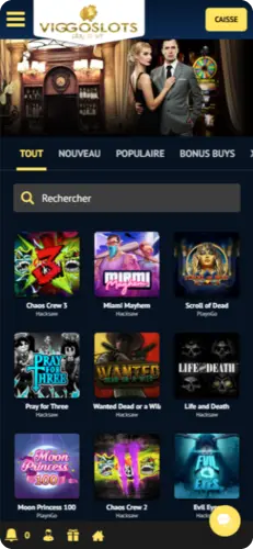 Catalogue de machines à sous Viggoslots avec filtres de recherche et catégories populaires accessibles depuis l’interface mobile.