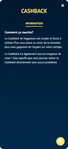 Page d’information sur le cashback Viggoslots expliquant le fonctionnement du retour en argent réel pour les joueurs.