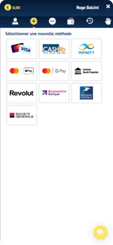 Écran de sélection des méthodes de dépôt Viggoslots affichant les options de paiement disponibles en euros.